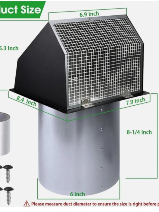 SANISANO Other - 6 Inch Hooded Wall Vent Cap Cover Black Galvanized Steel Exhaust Duct Damper